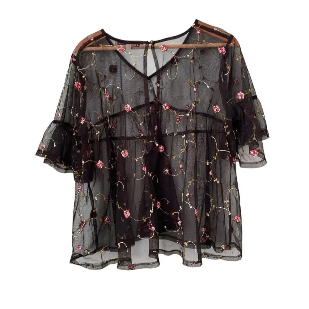 Gypsies & Moondust Black Sheer Mesh Floral Blouse in Size Large